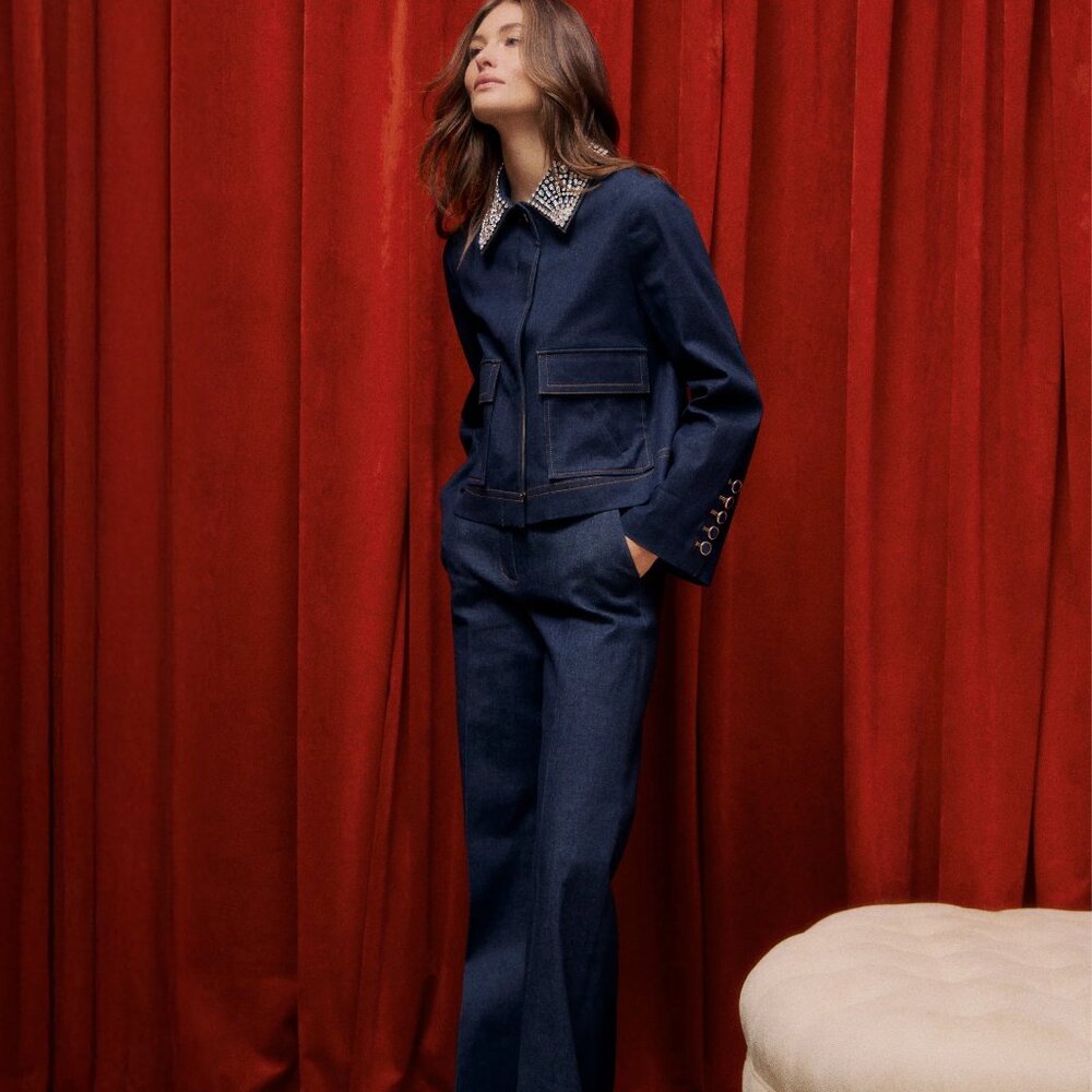 Tailored Dark Blue Denim Jacket & Wide-Leg Pants Set
